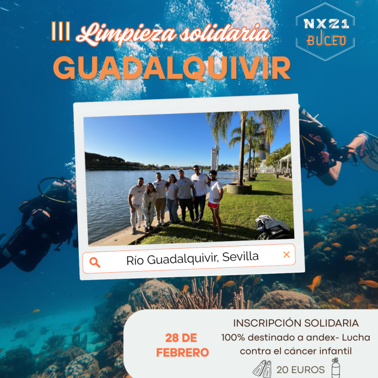 NX21 Buceo - Limpieza Guadalquivir ANDEX Grupo de personas en la orilla del río Guadalquivir, Sevilla, durante una limpieza submarina solidaria.
