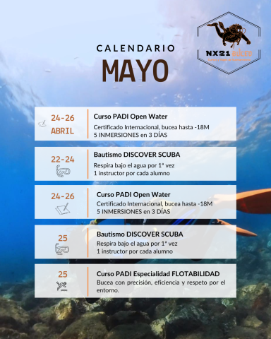 Calendario de actividades de mayo en el centro de buceo, incluyendo cursos y eventos.