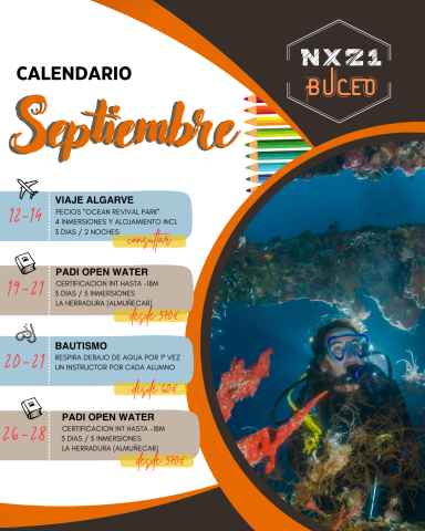 Calendario de actividades de buceo en septiembre, con fechas y descripciones.