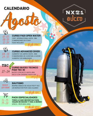 Calendario de actividades de buceo para agosto, incluyendo cursos y eventos.