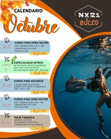 Calendario de octubre con información sobre actividades acuáticas y buceo.